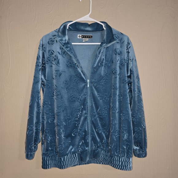 B Blast Jackets & Blazers - VTG 80s B Blast Teal/blue Velour Embossed Zip Up Jacket, Woman's Small